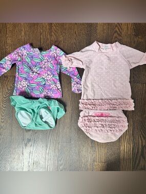 Ruffle butts floral pink dots long sleeve rashguard two piece swim suits